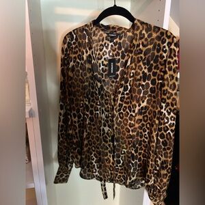 Leopard Print Tie Neck Blouse